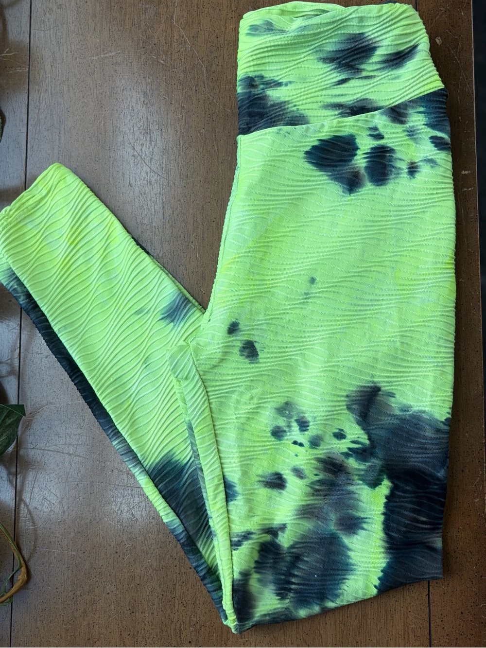 Neon Yellow Green Black Tie Dye Ribbed High Waist Leggings S/M